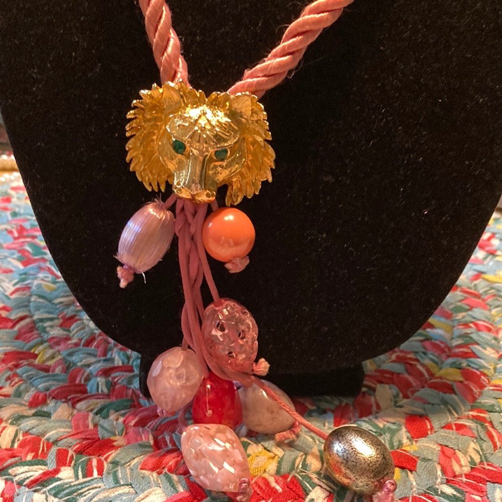 Gold Lion Head Pendant Necklace with Pink and Coral Beads